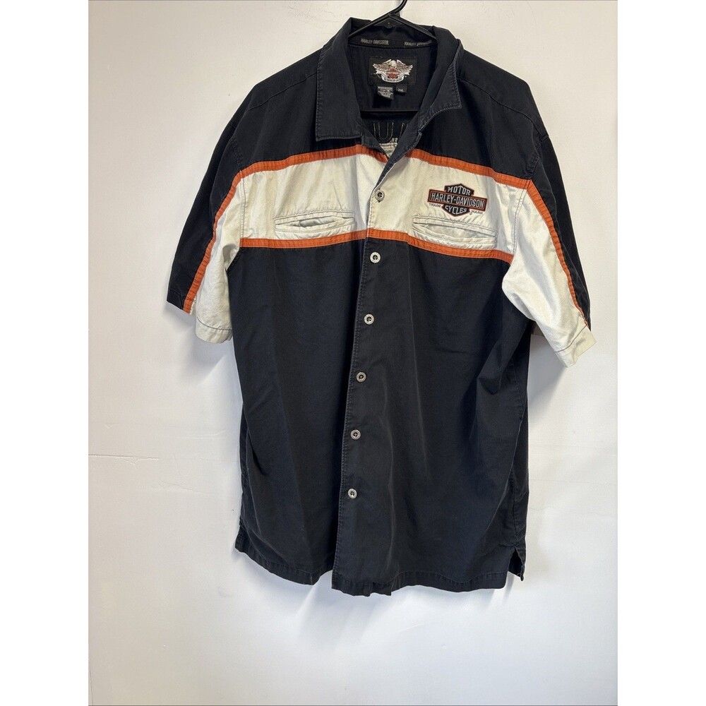 Harley Davidson Men's 2 XL Button Bowling Shirt Embroidered Black White Stripe